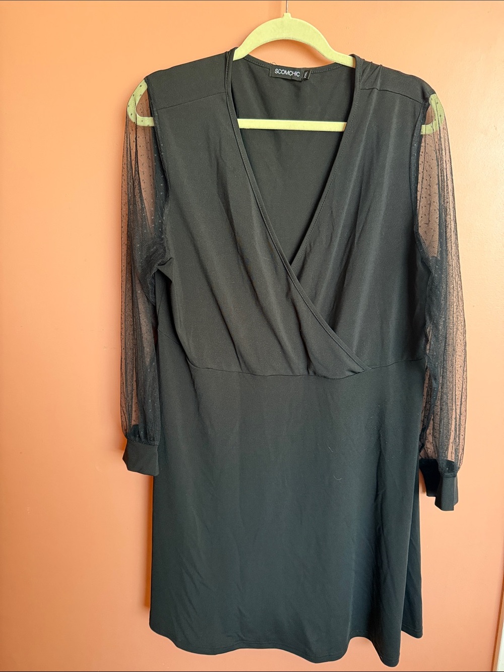 Black Wrap-Front Dress with Sheer Sleeves
